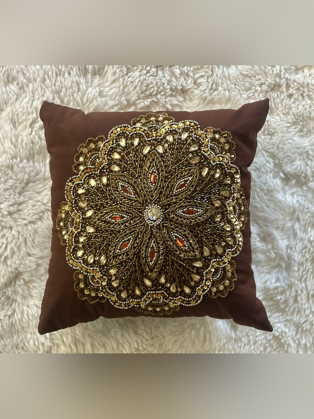 Piper Brown Pillow with Gold Beaded Medallion Embellishment